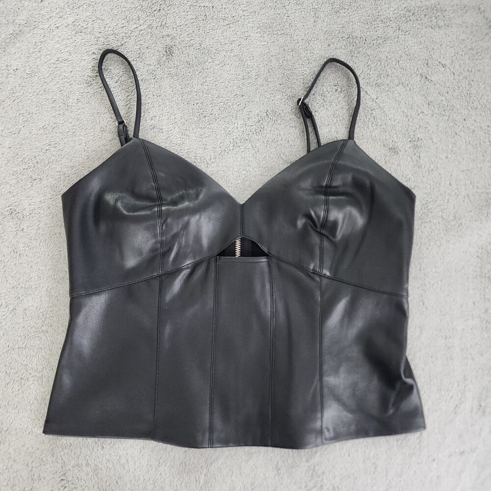 Bar III Top Womens S Black Faux Leather‎ Front Cutout Corset Back Zip Stretch
